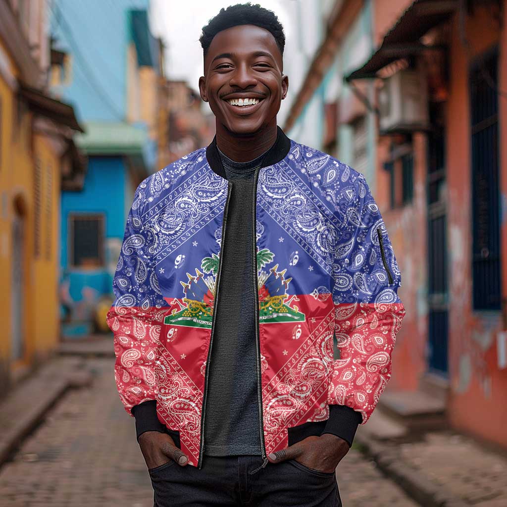 Afro Haiti Paisley Sleeve Zip Bomber Jacket Haitian Flag Bandana Style - African Pride
