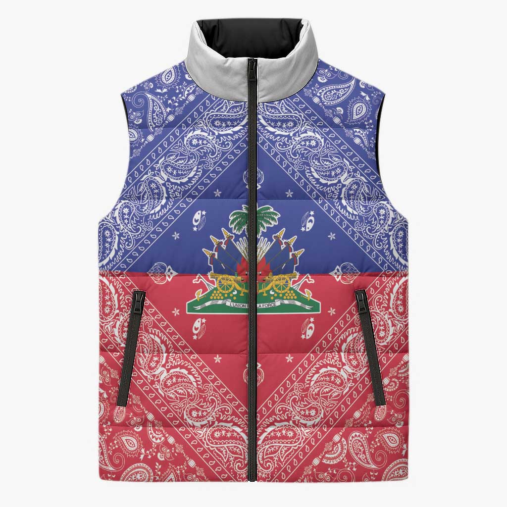 Afro Haiti Paisley Sleeveless Puffer Jacket Haitian Flag Bandana Style