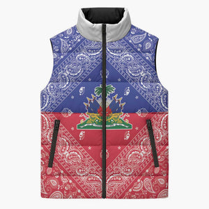 Afro Haiti Paisley Sleeveless Puffer Jacket Haitian Flag Bandana Style