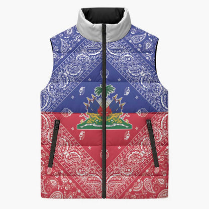 Afro Haiti Paisley Sleeveless Puffer Jacket Haitian Flag Bandana Style
