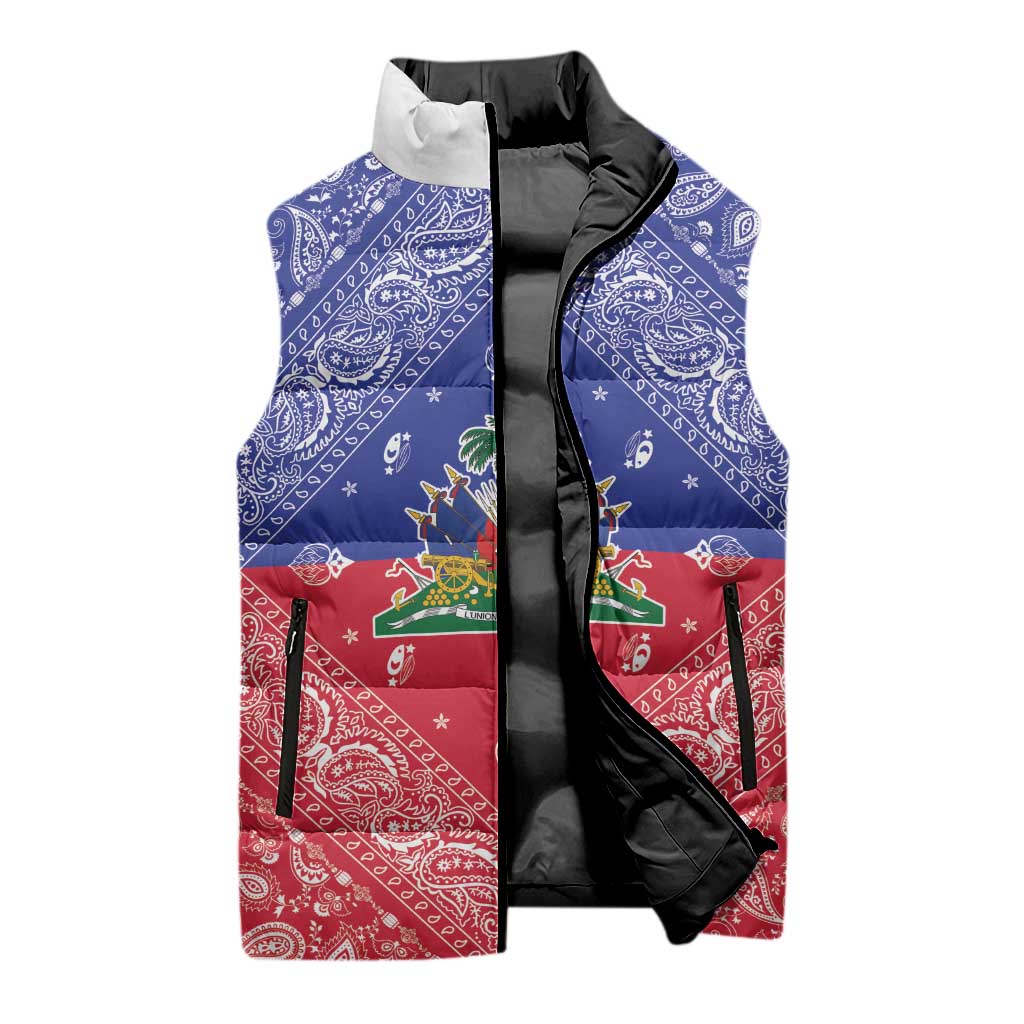 Afro Haiti Paisley Sleeveless Puffer Jacket Haitian Flag Bandana Style
