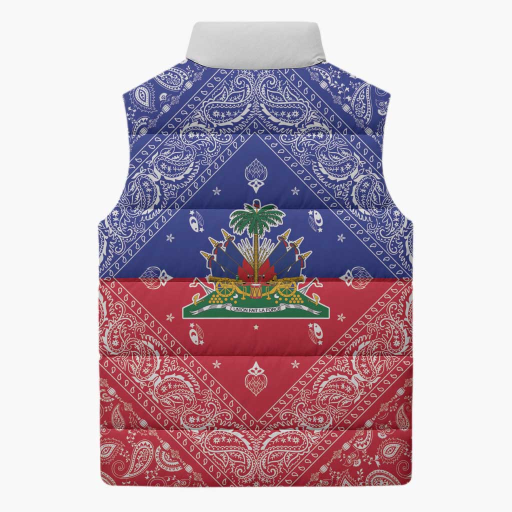Afro Haiti Paisley Sleeveless Puffer Jacket Haitian Flag Bandana Style