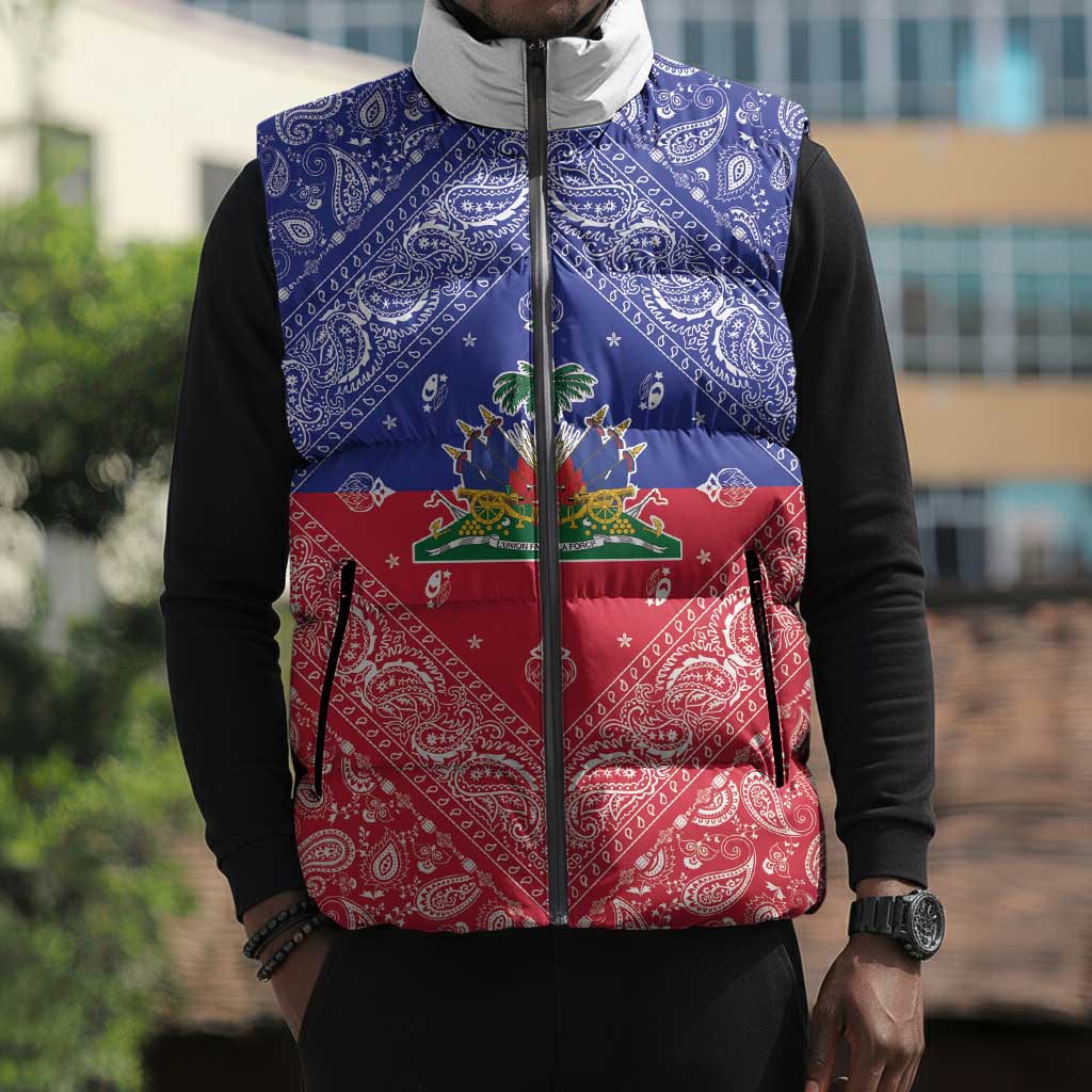 Afro Haiti Paisley Sleeveless Puffer Jacket Haitian Flag Bandana Style
