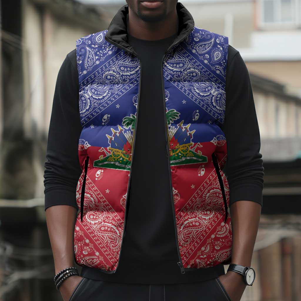 Afro Haiti Paisley Sleeveless Puffer Jacket Haitian Flag Bandana Style