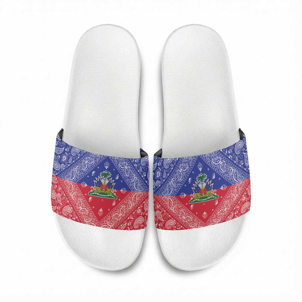 Afro Haiti Paisley Slide Sandals Haitian Flag Bandana Style