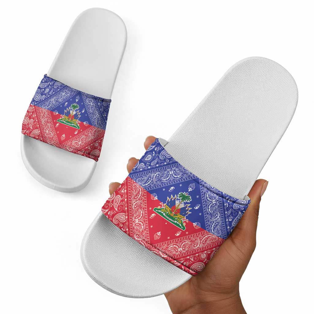 Afro Haiti Paisley Slide Sandals Haitian Flag Bandana Style