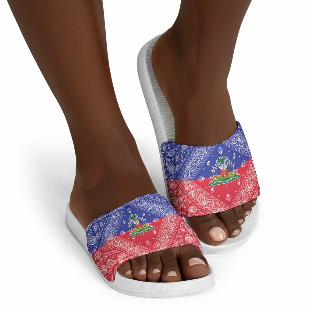 Afro Haiti Paisley Slide Sandals Haitian Flag Bandana Style