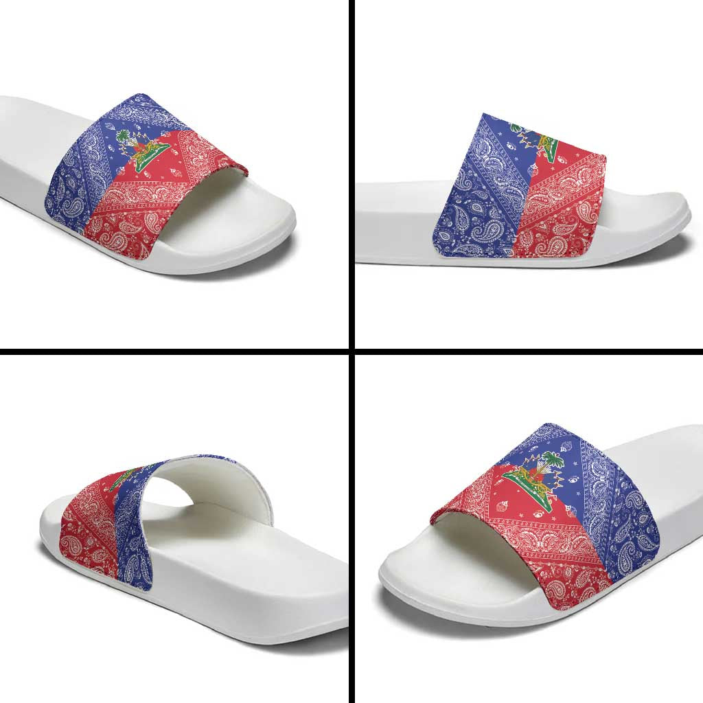 Afro Haiti Paisley Slide Sandals Haitian Flag Bandana Style