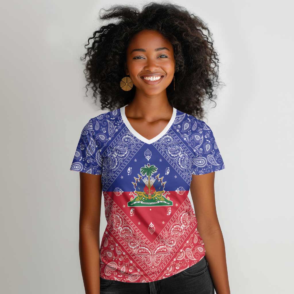 Afro Haiti Paisley Women V-Neck T-Shirt Haitian Flag Bandana Style LT05