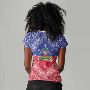 Afro Haiti Paisley Women V-Neck T-Shirt Haitian Flag Bandana Style LT05