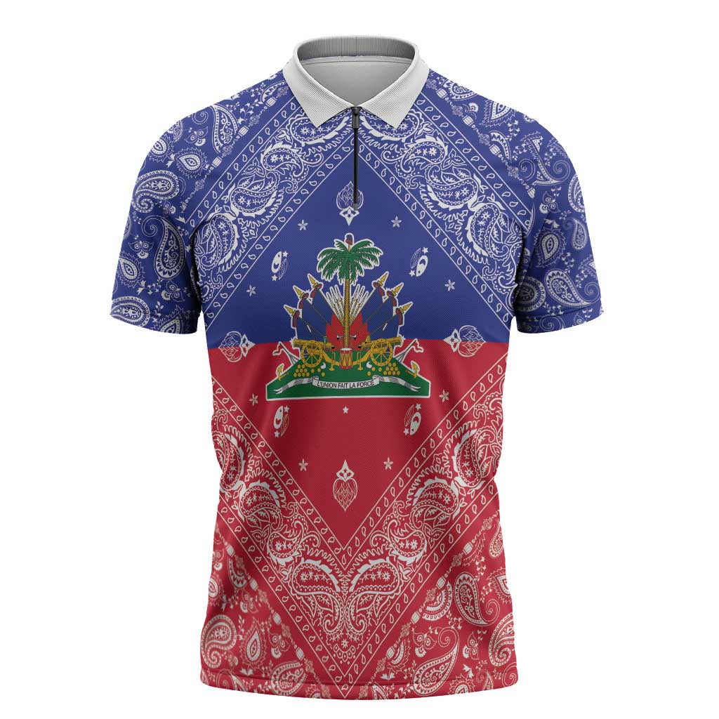 Afro Haiti Paisley Zipper Polo Shirt Haitian Flag Bandana Style