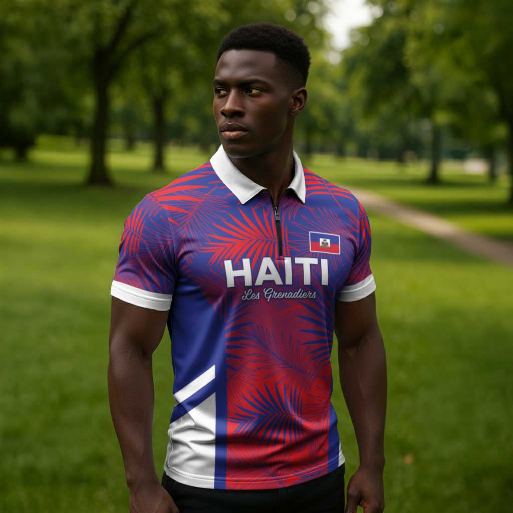 Custom Les Grenadiers Haiti Football Zipper Polo Shirt Tropical Vibes