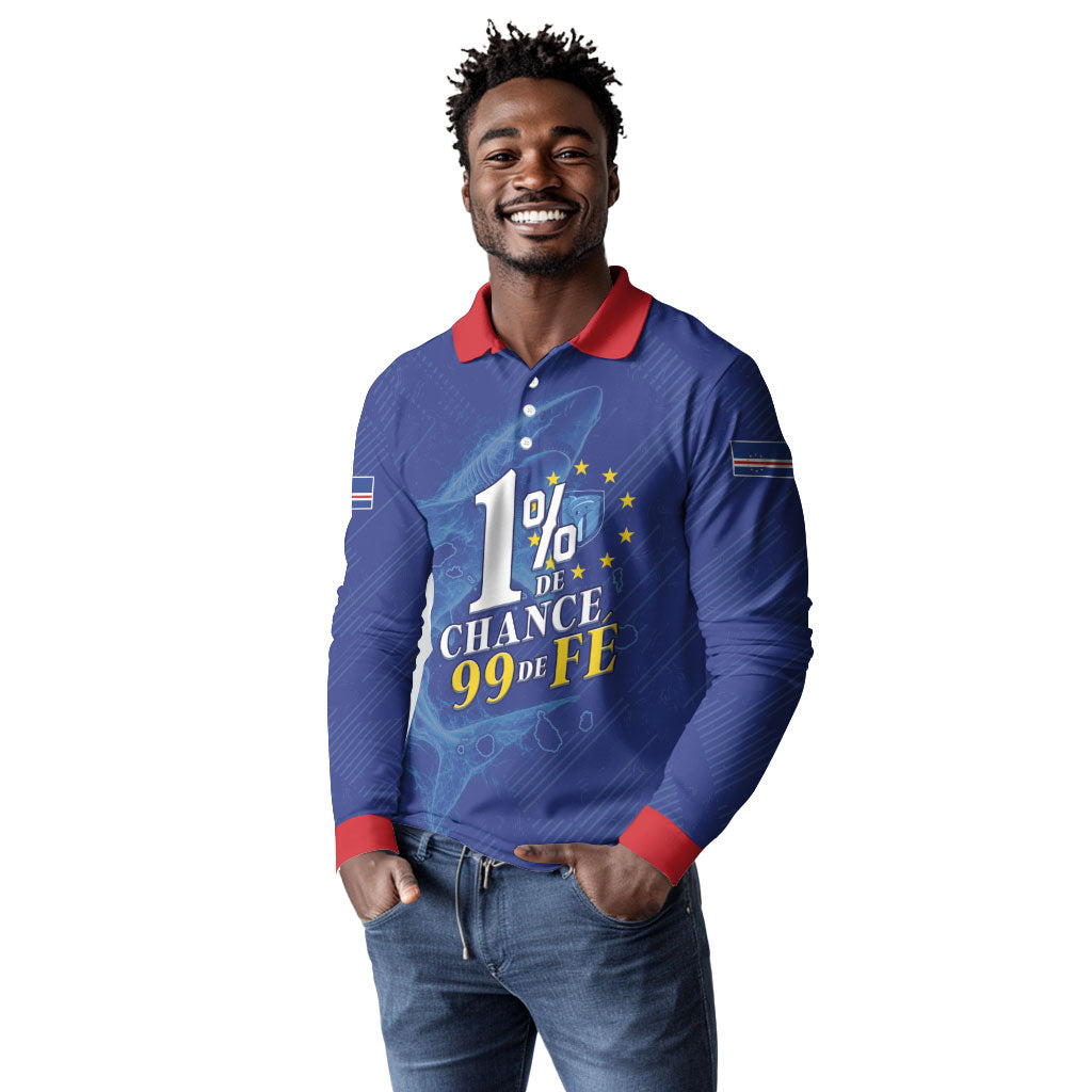 Custom Cape Verde Football Long Sleeve Polo Shirt Blue Sharks Still Undefeated