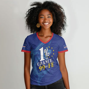 Custom Cape Verde Football Women V-Neck T-Shirt Blue Sharks Still Undefeated