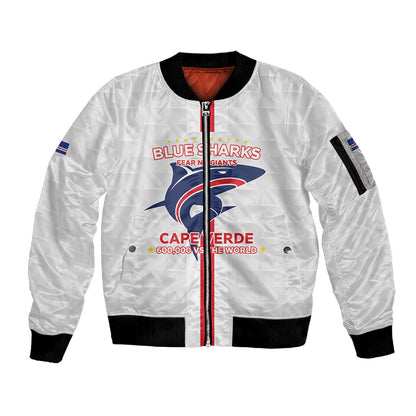 Custom Cabo Verde Sleeve Zip Bomber Jacket Blue Sharks Fear No Giants