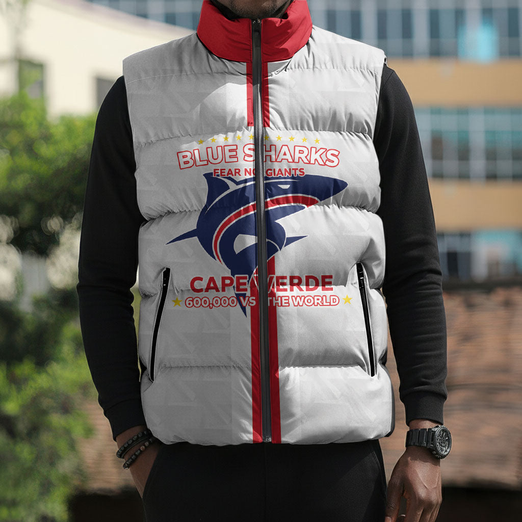 Custom Cabo Verde Sleeveless Puffer Jacket Blue Sharks Fear No Giants