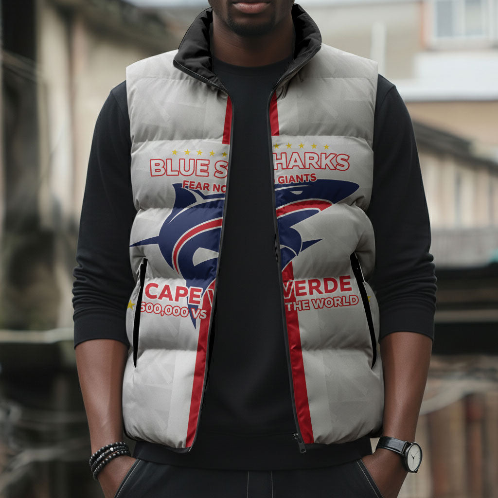 Custom Cabo Verde Sleeveless Puffer Jacket Blue Sharks Fear No Giants