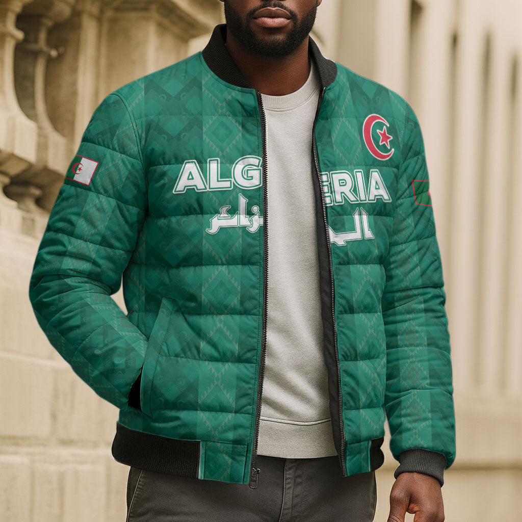 Custom Algeria Football 2026 Bomber Puffer Jacket Algerian Geometric Patterns