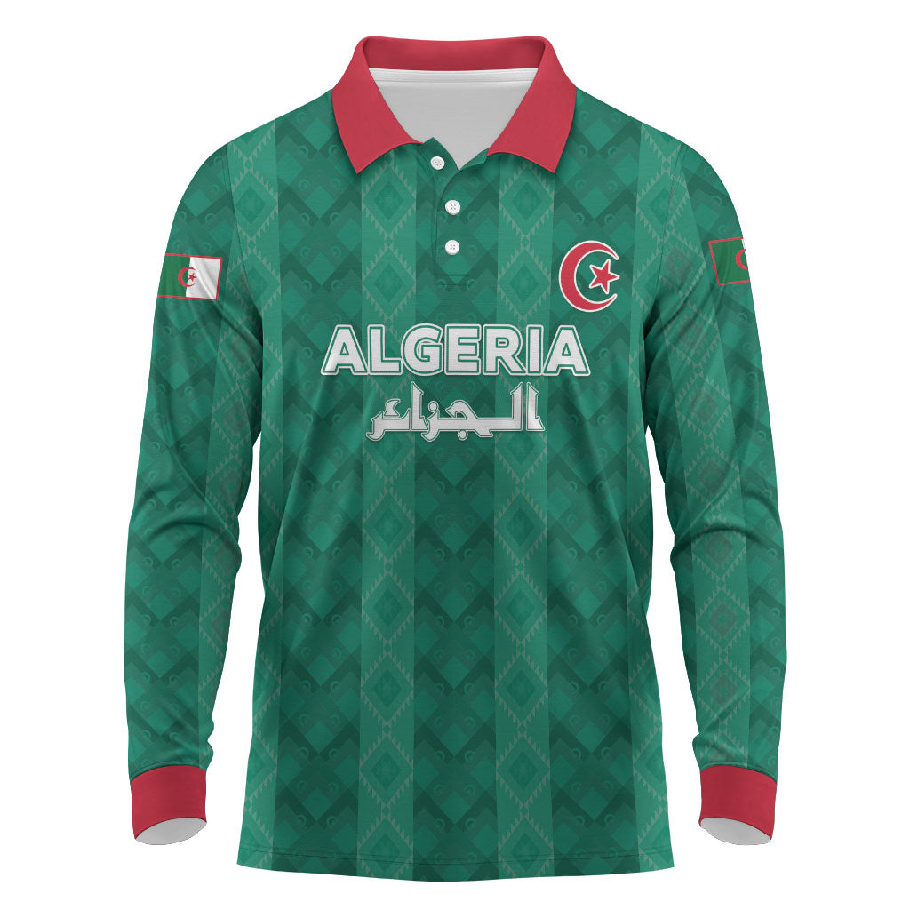 Custom Algeria Football 2026 Long Sleeve Polo Shirt Algerian Geometric Patterns