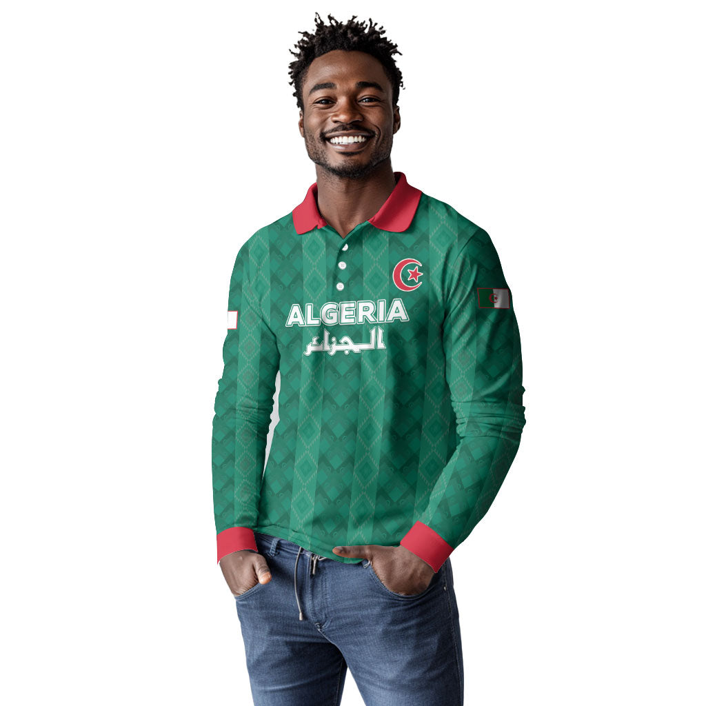 Custom Algeria Football 2026 Long Sleeve Polo Shirt Algerian Geometric Patterns