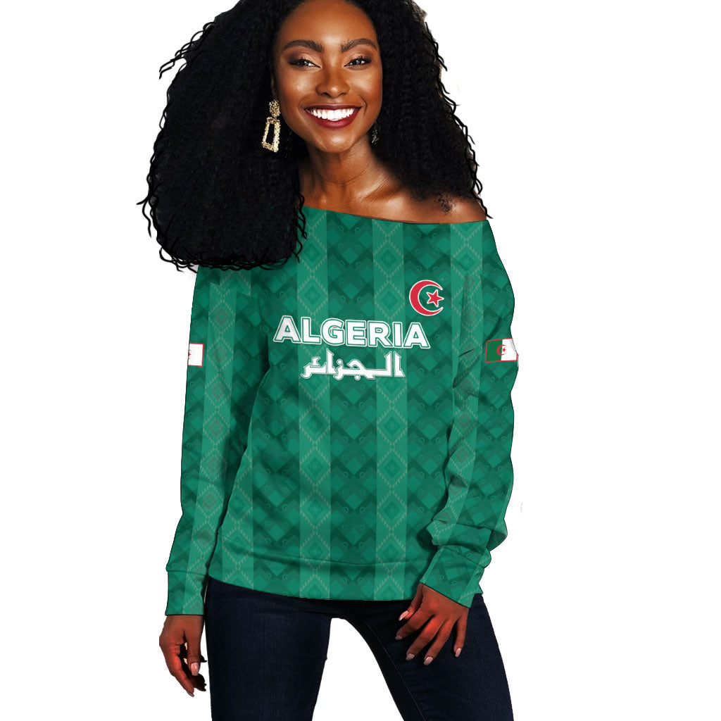 Custom Algeria Football 2026 Off Shoulder Sweater Algerian Geometric Patterns
