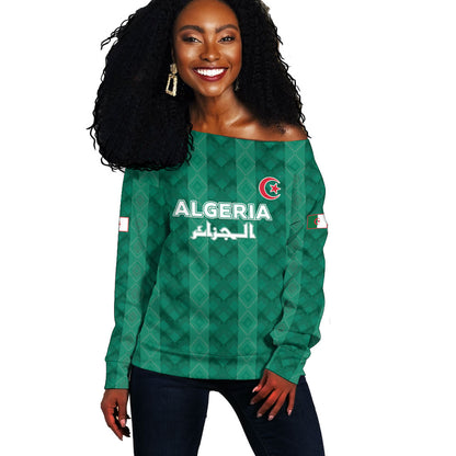 Custom Algeria Football 2026 Off Shoulder Sweater Algerian Geometric Patterns