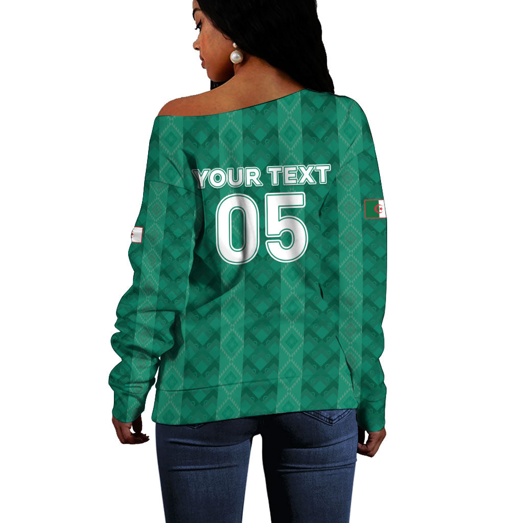 Custom Algeria Football 2026 Off Shoulder Sweater Algerian Geometric Patterns