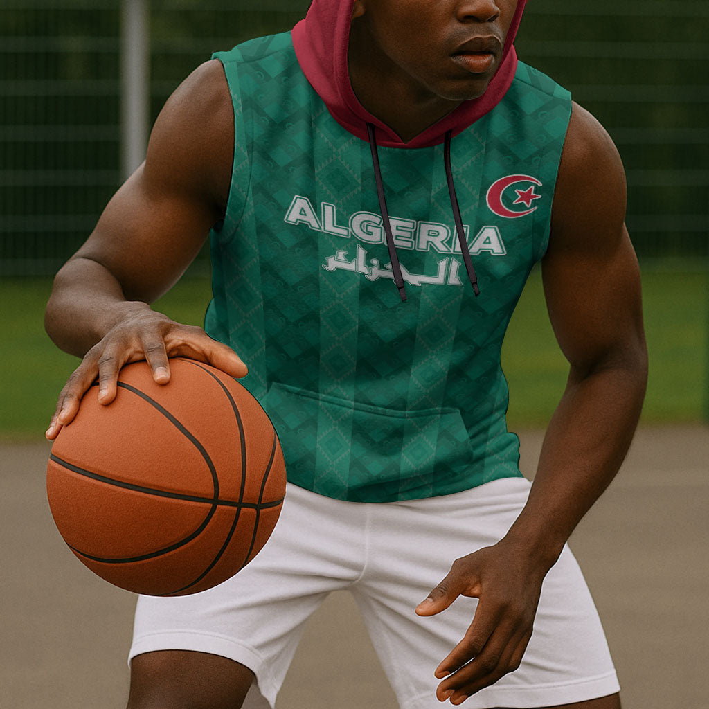 Custom Algeria Football 2026 Sleeveless Hoodie Algerian Geometric Patterns