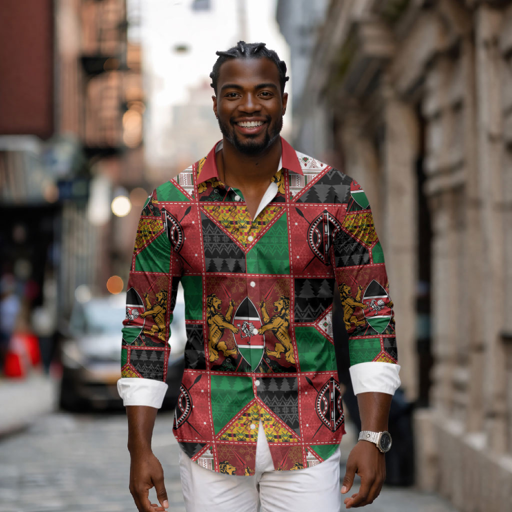 Kenya Christmas Long Sleeve Button Shirt Patchwork Style