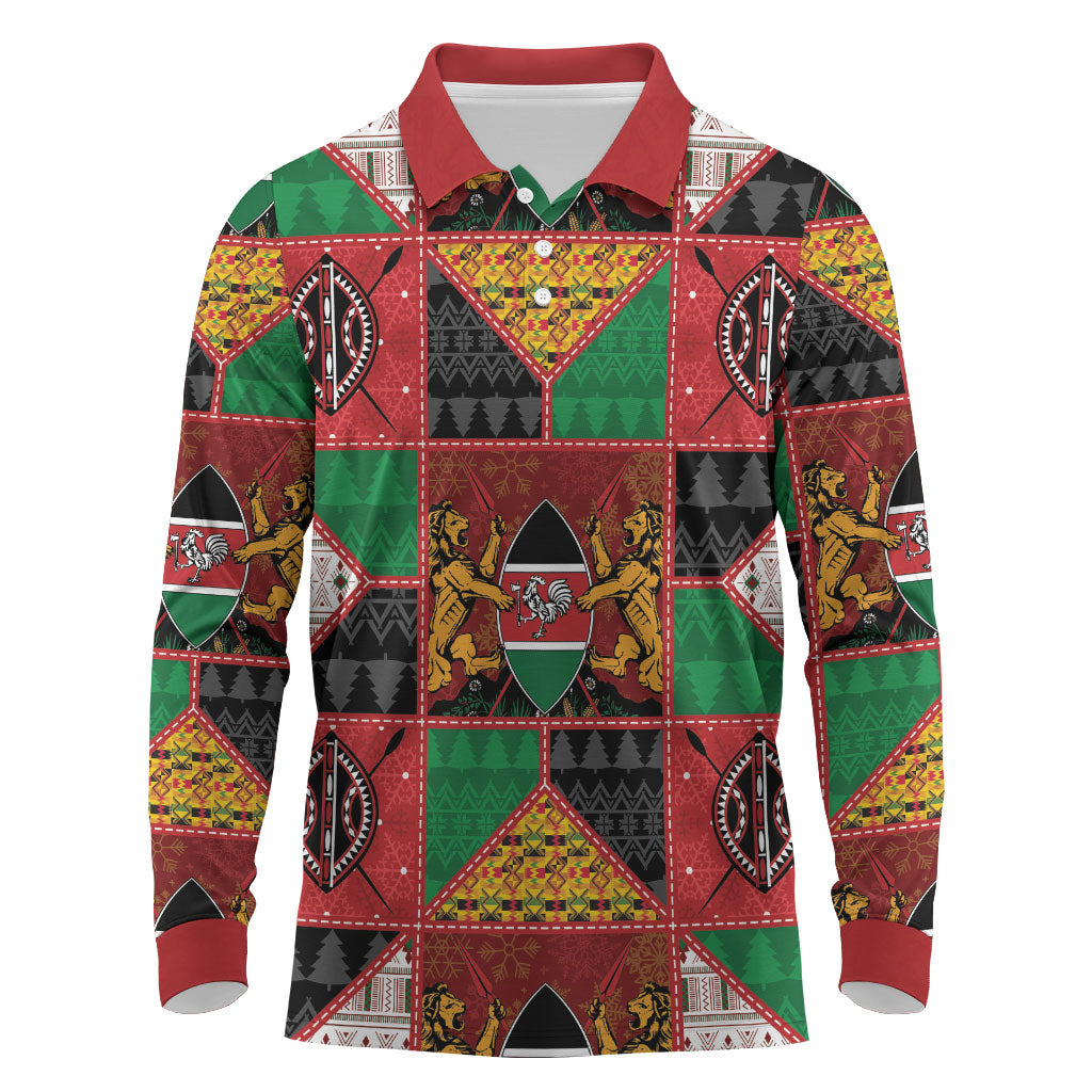 Kenya Christmas Long Sleeve Polo Shirt Patchwork Style