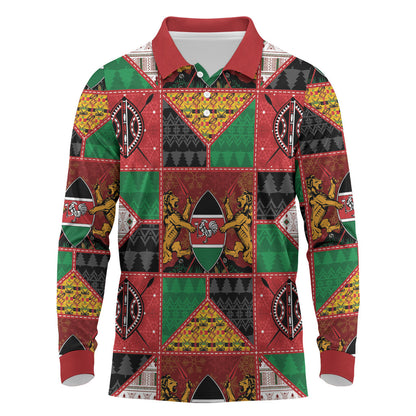 Kenya Christmas Long Sleeve Polo Shirt Patchwork Style