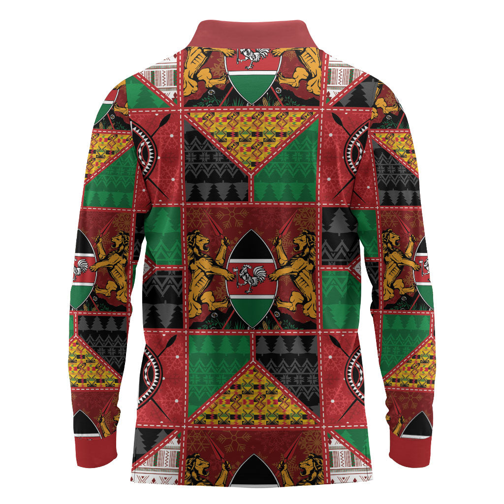 Kenya Christmas Long Sleeve Polo Shirt Patchwork Style
