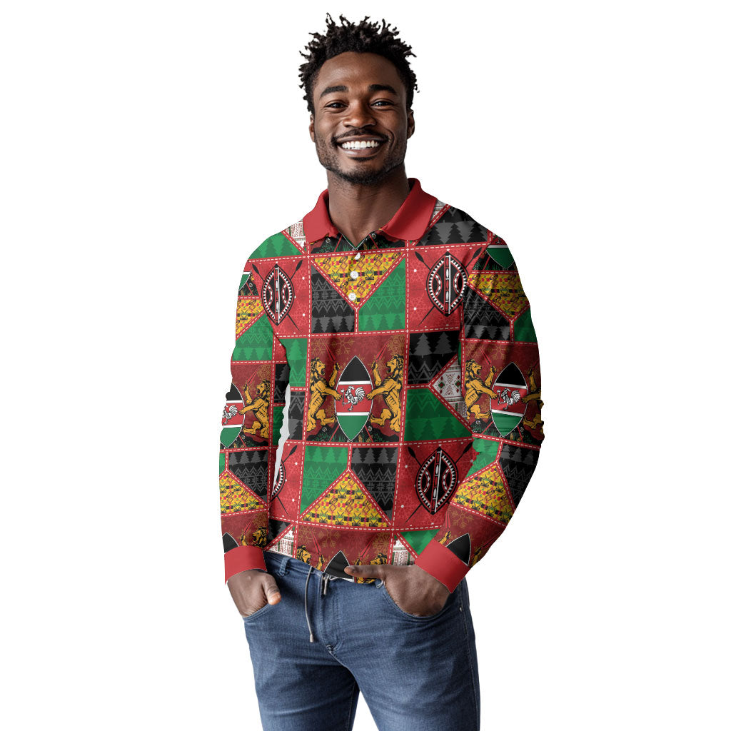 Kenya Christmas Long Sleeve Polo Shirt Patchwork Style
