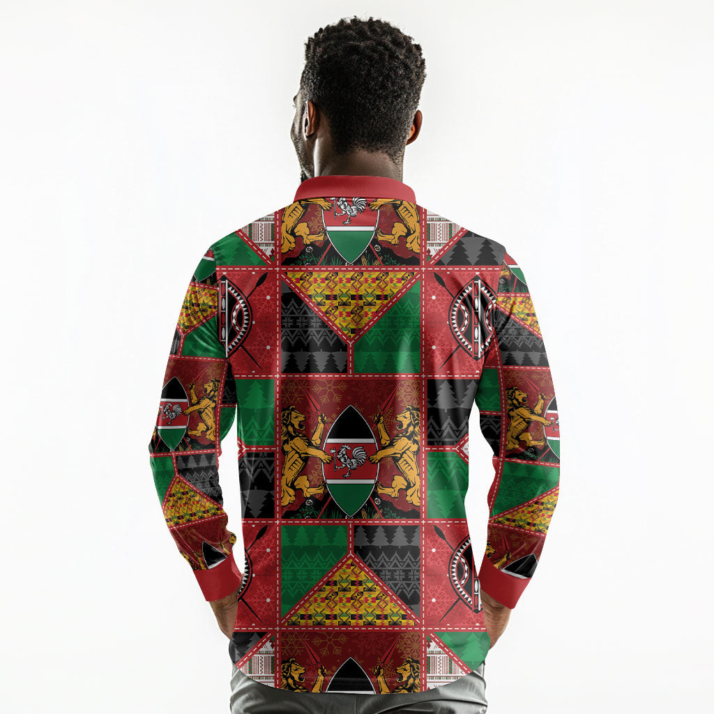 Kenya Christmas Long Sleeve Polo Shirt Patchwork Style