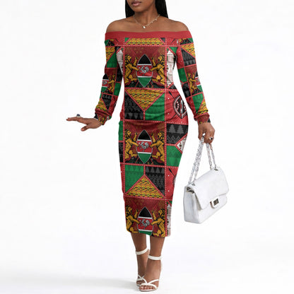 Kenya Christmas Off The Shoulder Long Sleeve Dress Patchwork Style