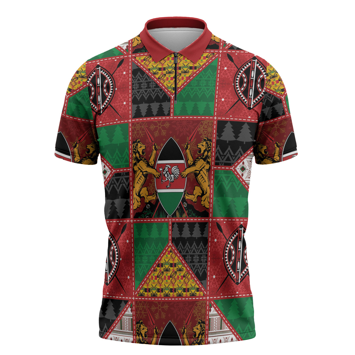 Kenya Christmas Zipper Polo Shirt Patchwork Style