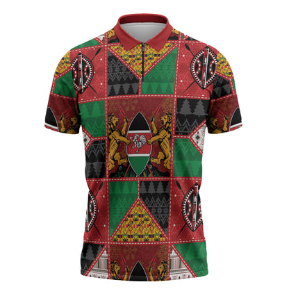 Kenya Christmas Zipper Polo Shirt Patchwork Style