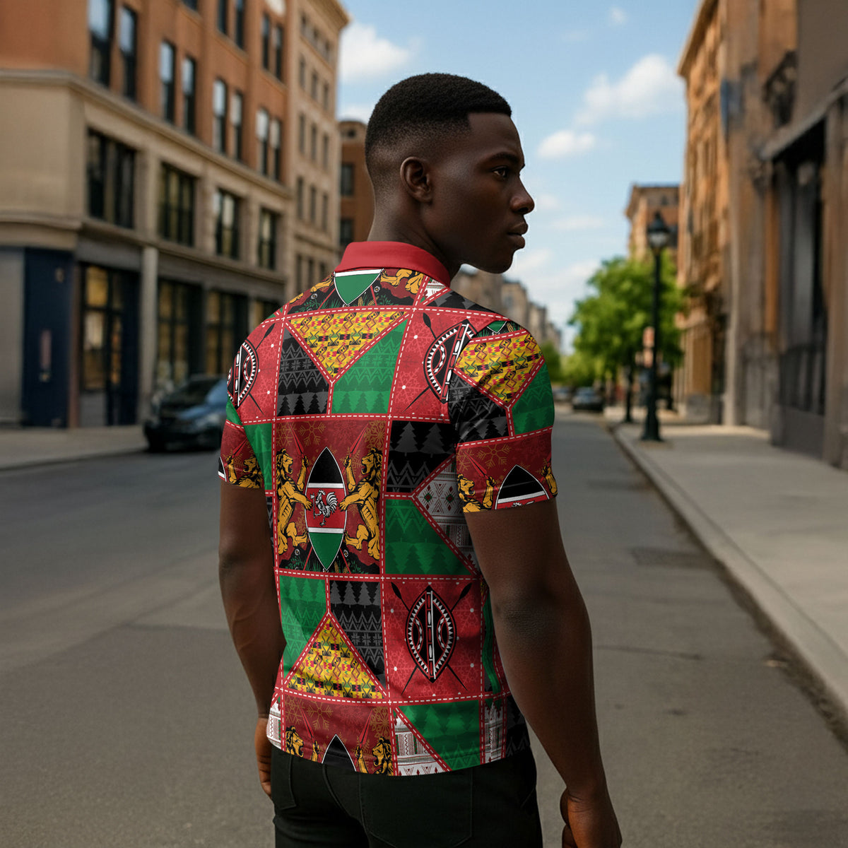 Kenya Christmas Zipper Polo Shirt Patchwork Style