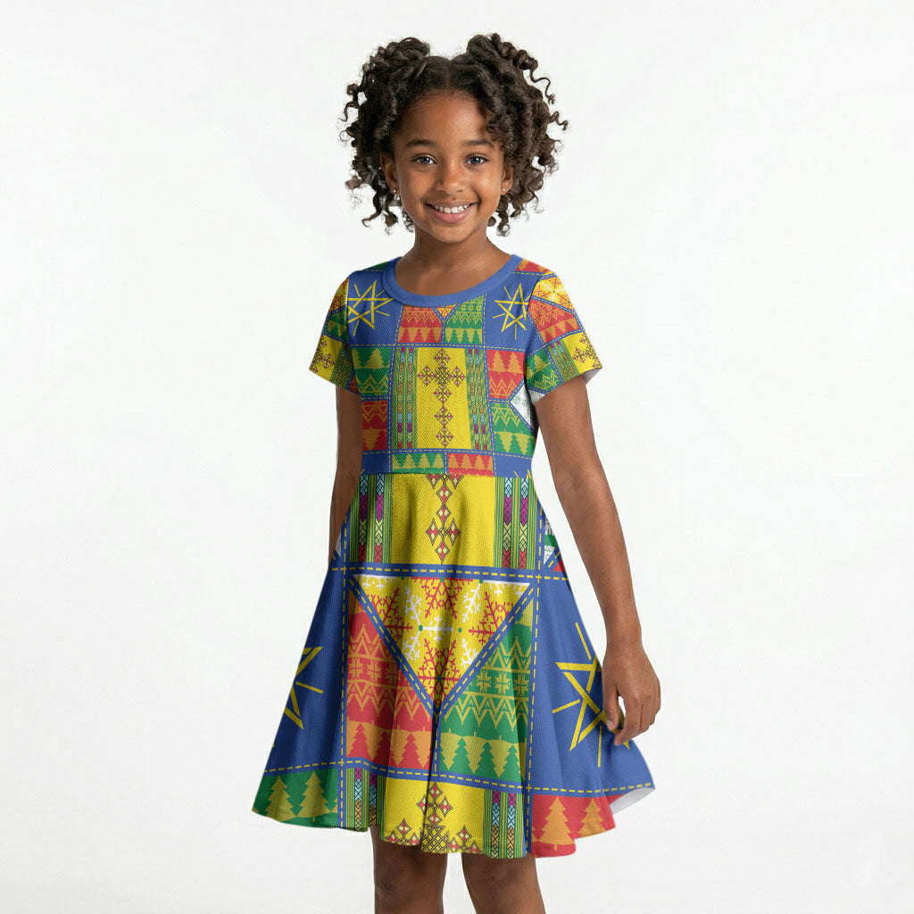 Ethiopia Christmas Kid Short Sleeve Dress Patchwork Style