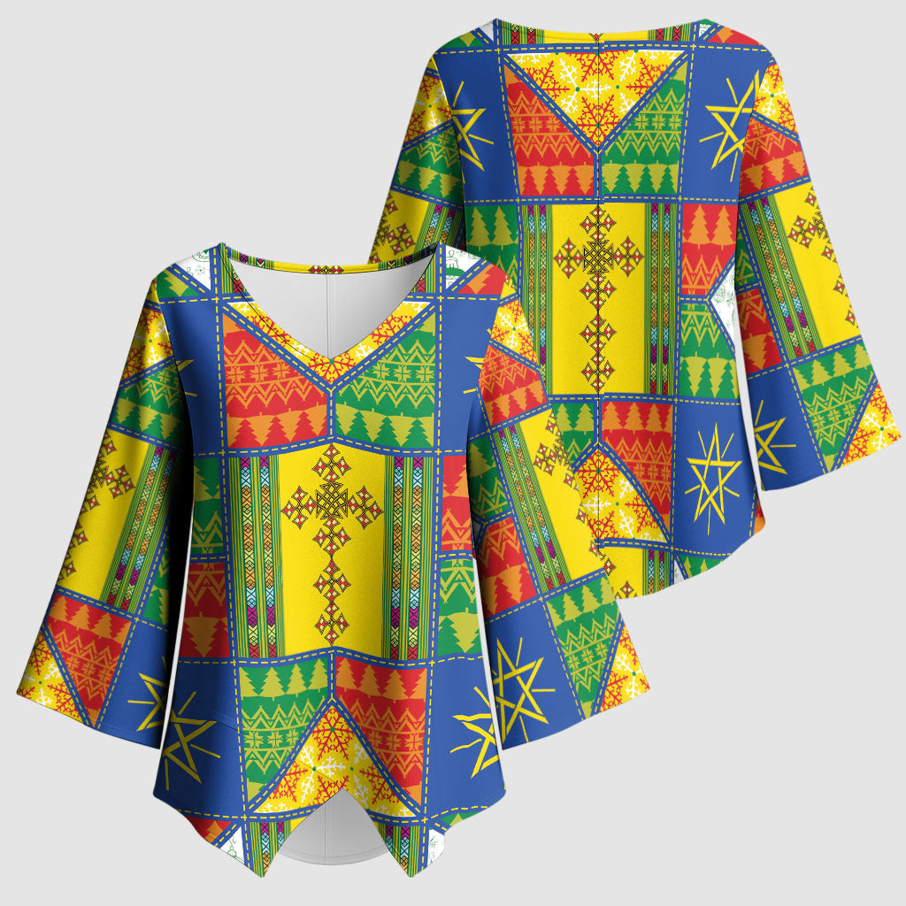 Ethiopia Christmas Kimono Sleeve Blouse Patchwork Style