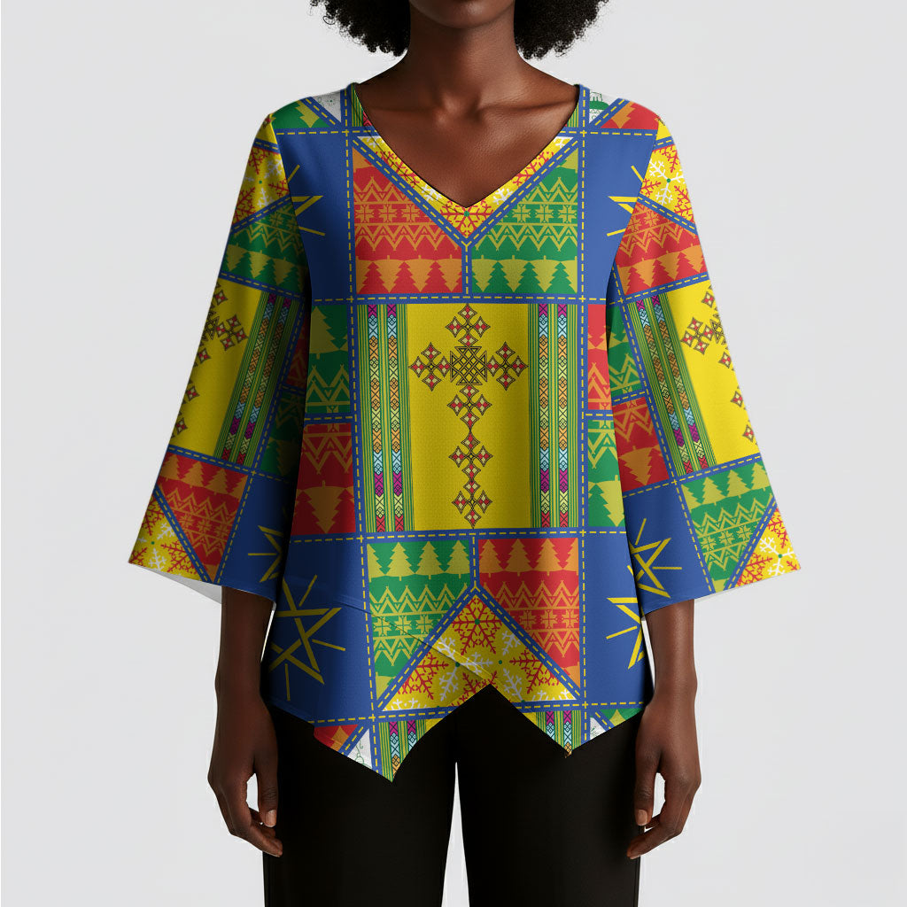 Ethiopia Christmas Kimono Sleeve Blouse Patchwork Style