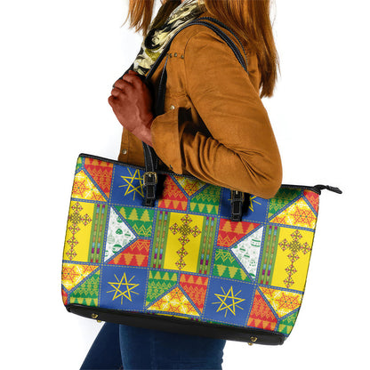 Ethiopia Christmas Leather Tote Bag Patchwork Style