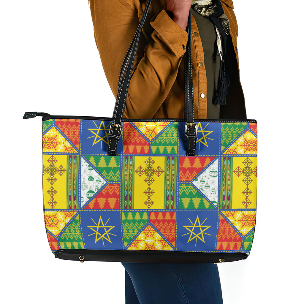 Ethiopia Christmas Leather Tote Bag Patchwork Style