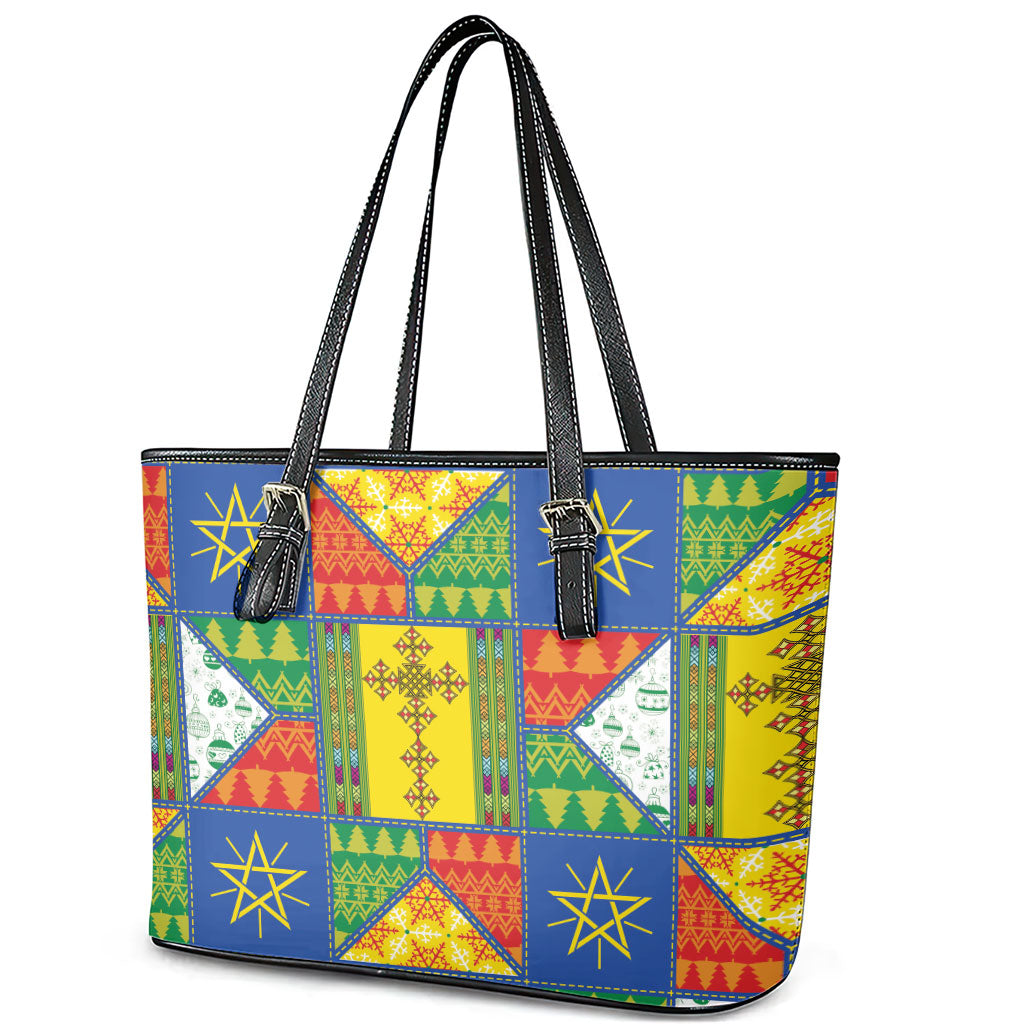 Ethiopia Christmas Leather Tote Bag Patchwork Style