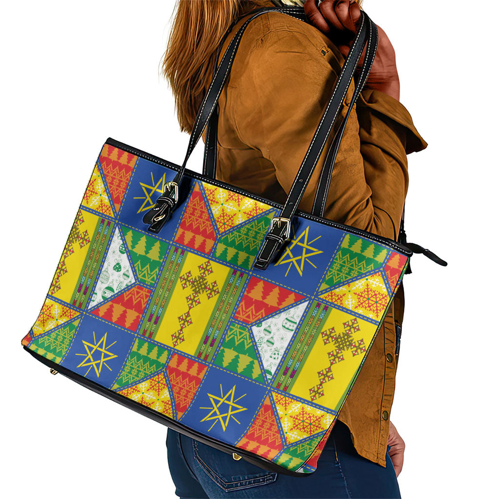 Ethiopia Christmas Leather Tote Bag Patchwork Style