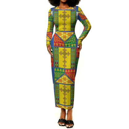 Ethiopia Christmas Long Sleeve Bodycon Dress Patchwork Style
