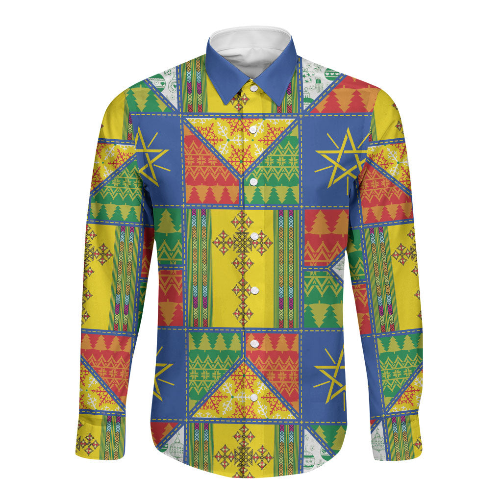 Ethiopia Christmas Long Sleeve Button Shirt Patchwork Style