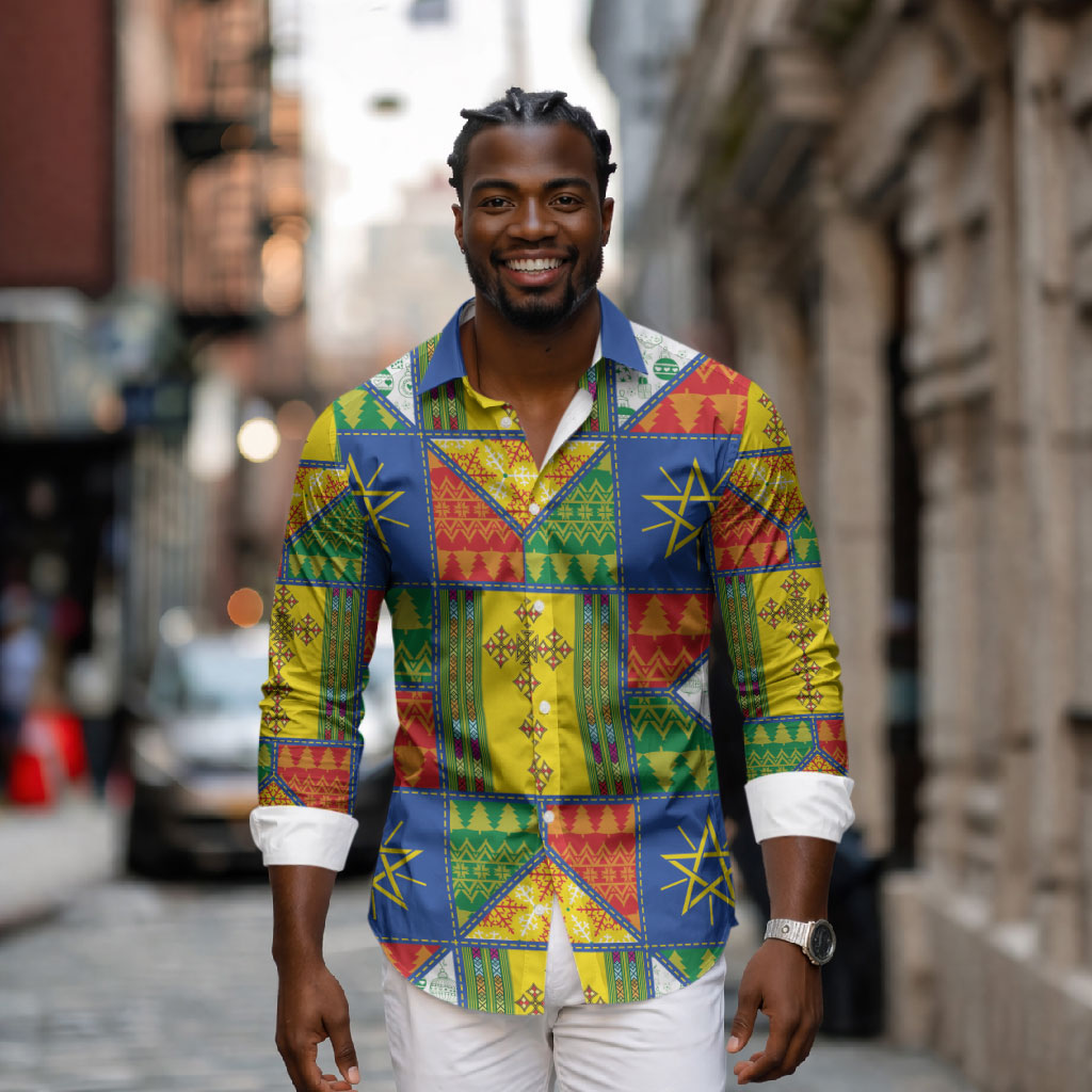 Ethiopia Christmas Long Sleeve Button Shirt Patchwork Style