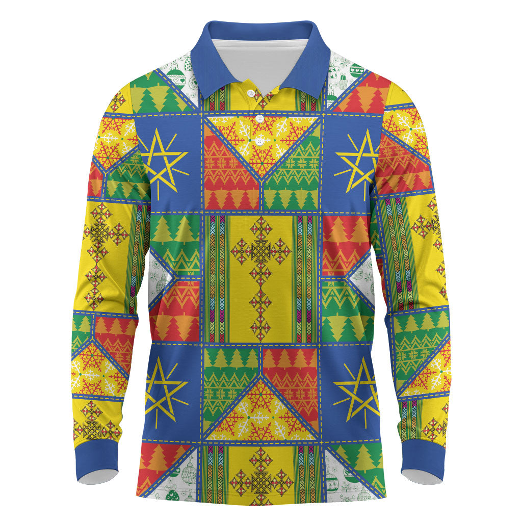 Ethiopia Christmas Long Sleeve Polo Shirt Patchwork Style