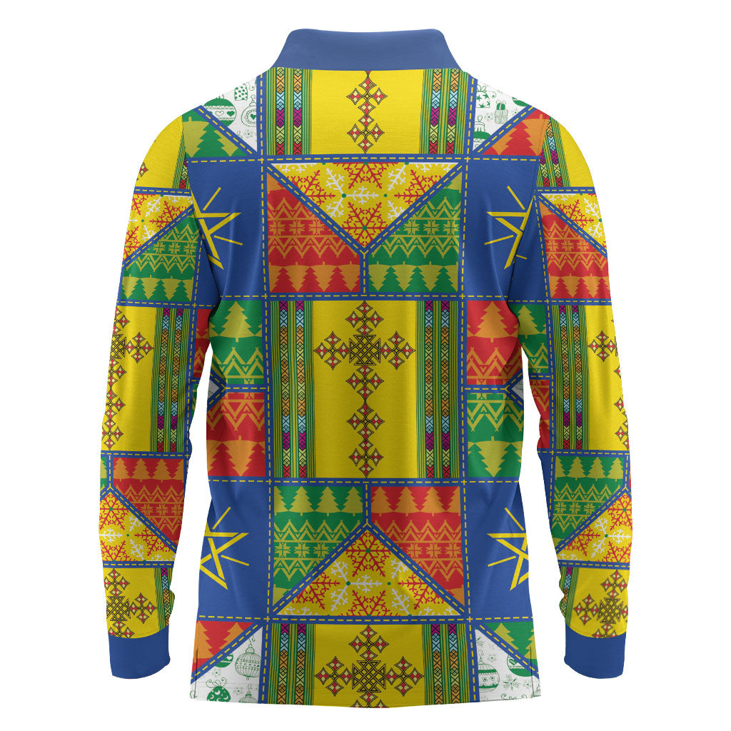 Ethiopia Christmas Long Sleeve Polo Shirt Patchwork Style